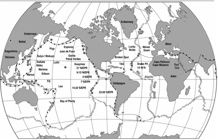 Figure I-1: Répartition des zones hydrothermales présentant une faune associée. D’après  Desbruyères et Segonzac (1997)