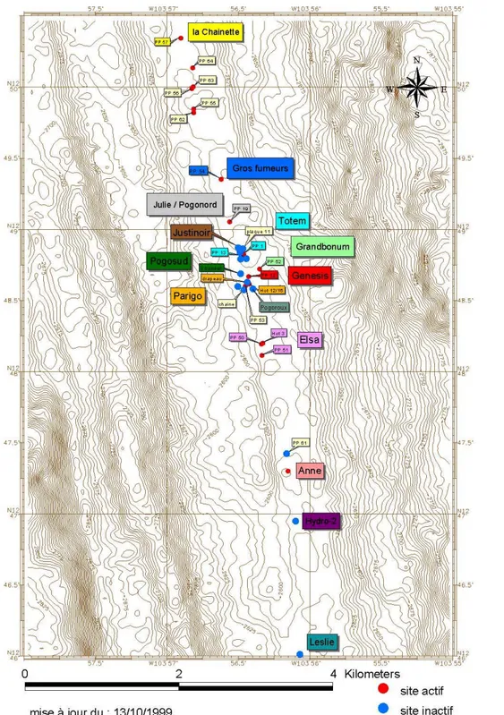 Figure I-4: Carte de localisation des sites sur le segment 13°N (générée à partir du logiciel  ADÉLIE-IFREMER lors de la campagne HOPE’99)