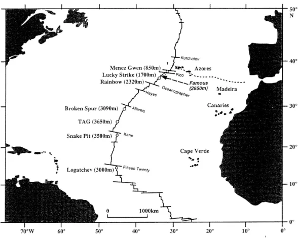 Figure I-6: Distribution des champs hydrothermaux et des failles transformantes le long de la  ride médio-Atlantique
