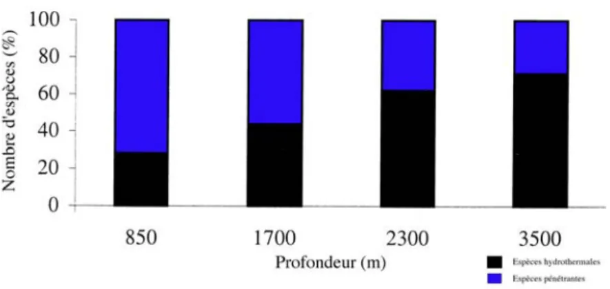 Figure I-8: Nombres relatifs d’espèces hydrothermales et d’espèces pénétrantes en  fonction de la profondeur dans les zones soumises à l’activité hydrothermale (d’après  Desbruyères et al., 2000)