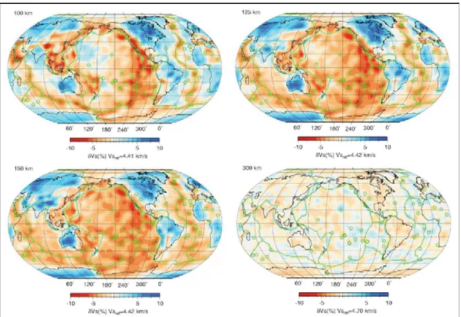 Figure I.11 : Coupes de tomographie sismique à 100, 125, 150 et 300 km de  profondeur montrant les domaines chauds (couleur rouge) à travers les cordillères  circum-Pacifique, dont les anomalies thermiques sont probablement associées à la formation de  fen