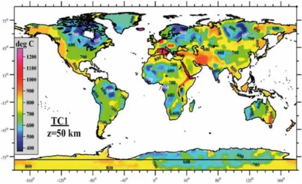 Figure I.13 : Carte de l’état thermique de la lithosphère continentale à 50 km de  profondeur (Artemieva et al., 2006)