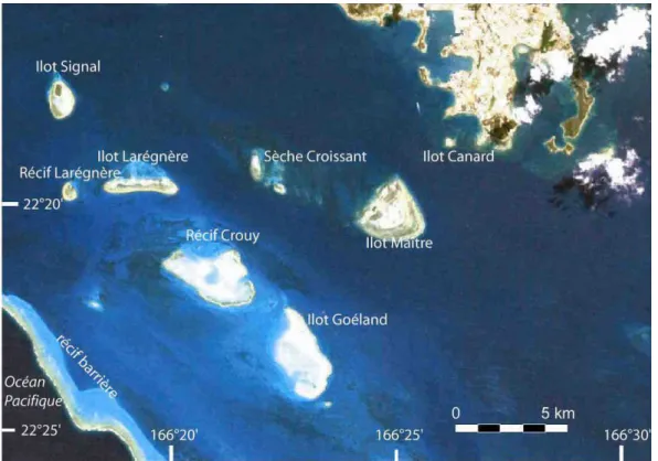 Figure 5 : Image Landsat 7 du lagon sud-ouest de Nouvelle-Calédonie. L’îlot Canard est le plus proche de la côte  et séparé de l’îlot Maître par un chenal