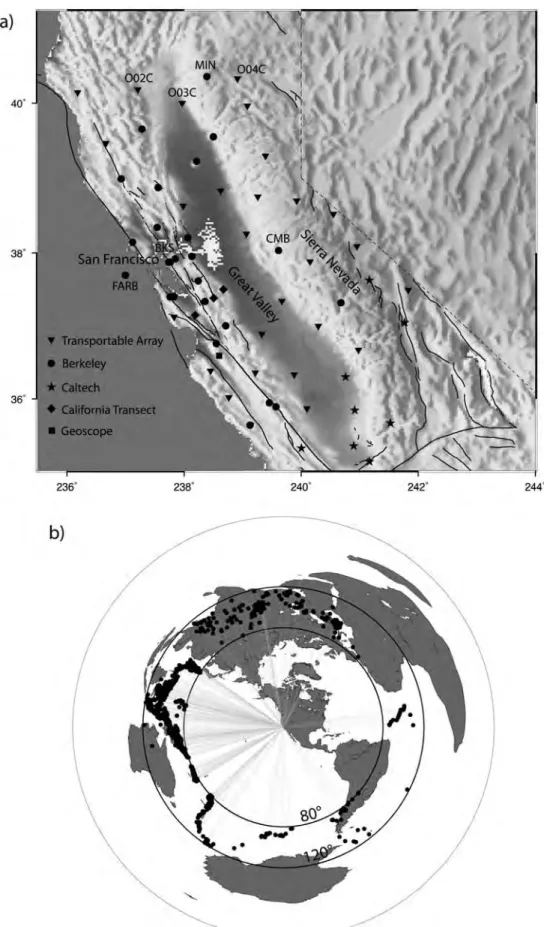 Figure 1. (a) Location of the broadband seismic stations used in this study. BKS, CMB, FARB, MIN, O02C, and O04C are stations cited in this study