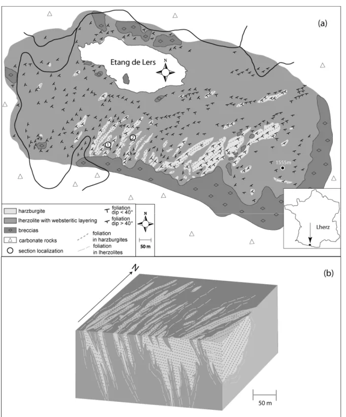 Fig.  1:  (a)  Geological  map  of  the  Lherz  peridotite  massif  showing  anastomosed  fertile  lherzolites  enclosing  irregularly-shaped refractory harzburgite bodies
