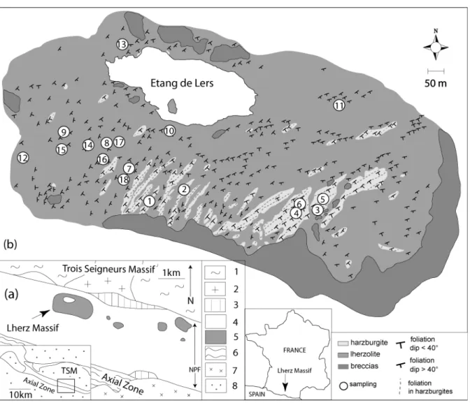 Fig. 1: (a) Localization and geological context of the Lherz Massif  (Azambre and Ravier, 1978; Kornprobst and  Vielzeuf, 1984; Monchoux, 1970; Vielzeuf, 1980)