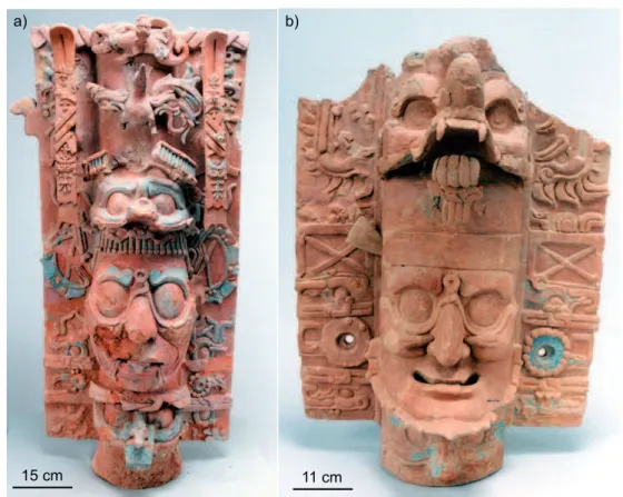 Figure 2.18 – Two incense burner pedestals from a) Temple of the Foliated Cross (sample TCF-13/93, Balunte) and b) Temple of the Cross (sample TC-5/93, Otulum), from  (Cuevas-García, 2007)