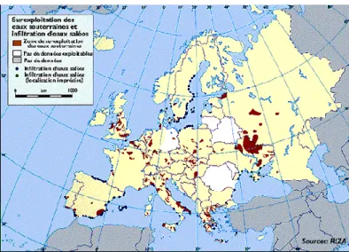 Figure 1-3 : Surexploitation des nappes phréatiques et intrusion d’eau saline en Europe (Source : RIZA ;  http://www.planetecologie.org/encyclopedie/Statistiques/P67.htm)