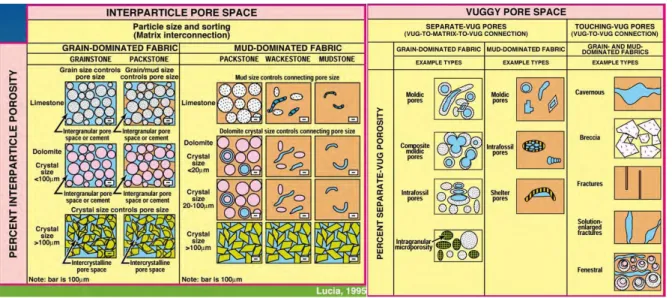 Figure 2-10 : A) Classification pétrographique et pétrophysique de l’espace poreux interparticulaire dans  les carbonates (Lucia, 1995) ; B) Classification pétrographique et pétrophysique de l’espace poreux vuggy 