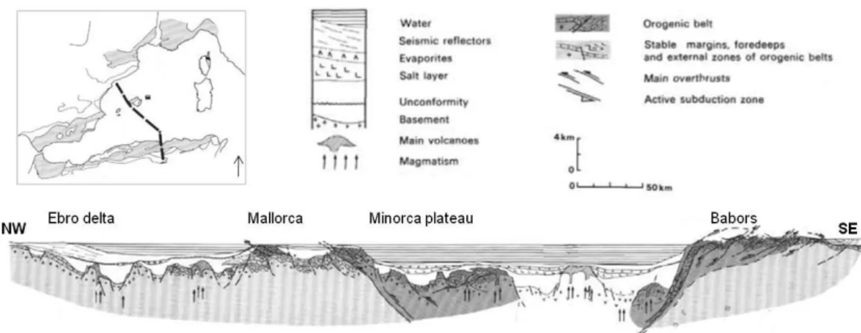 Figure 2-20 : Section géologique interprétative, coupe à travers le bassin Balearo-Algérien (d’après Biju- Biju-Duval et al., 1978)