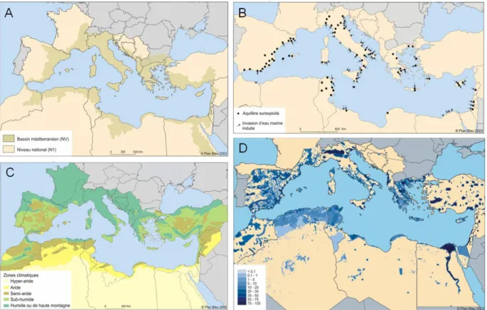 Figure 2-23: Cartes du pourtour méditerranéen (source : RIZA) : A) Bassin versant méditerranéen  (source : Plan Bleu, 2003) ; B) Sites de surexploitation d’eau souterraine et d’intrusion saline (source :  RIVM et RIZA, 1991, compilé par Plan Bleu, 2003) ; 