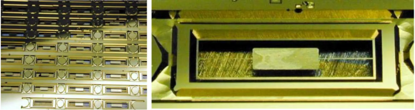 Figure II-3-a : réalisation des miroirs (plaquette complète, détail avant clivage) 