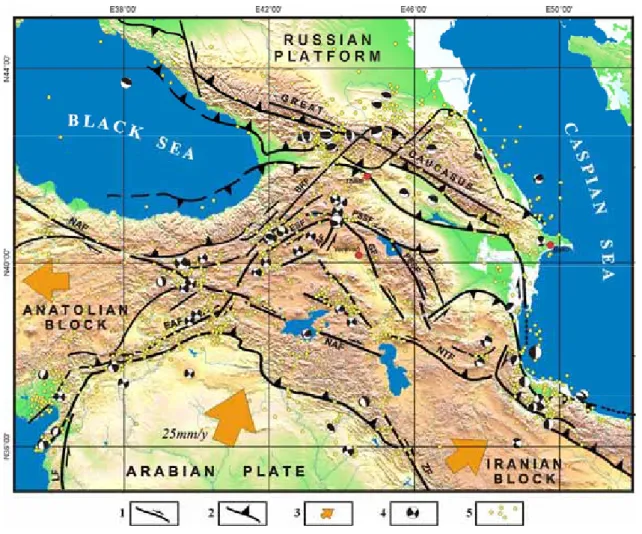 Figure I - 2 : Failles actives de la région d’après Rebaï et al. (1993) modifié par   Philip, Karakhanian, Avagyan (Philip et al., 2001; Avagyan, 2001; Avagyan, et al., 2005)