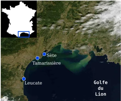Fig. I.19 – Localisation des plages ´etudi´ees dans le Golfe du Lion.