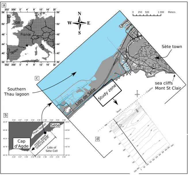 Fig. I.24 – Localisation du site d’´etude de la plage de S`ete (source : F.Bouchette), a) en France, b) sur la cellule s´edimentaire Agde-S`ete, c) sur le lido de S`ete