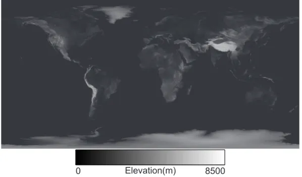 Figure 7: Elev ation of the topography of the Earth's land surfae relative to sea level.
