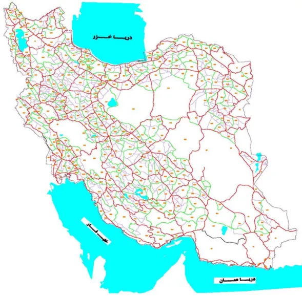 Fig. 3.6  Les réseaux nationaux de nivellement du 1 er  (en rouge), 2 ème  (en vert) et 3 ème  (en  violet) ordre en  Iran 