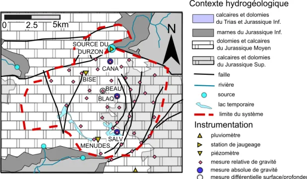 Figure 2 – Contexte hydrogéologique et instrumentation du système karstique du Durzon