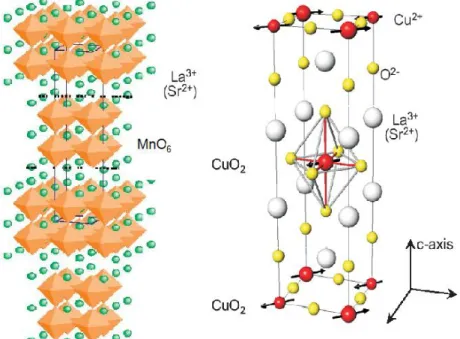 Figure 2.2 – Gauche : Structure perrovskite en double couche de La 1−x Sr x Mn 2 O 7 , manga- manga-nite ` a effet de magn´ eto-r´ esistance colossale