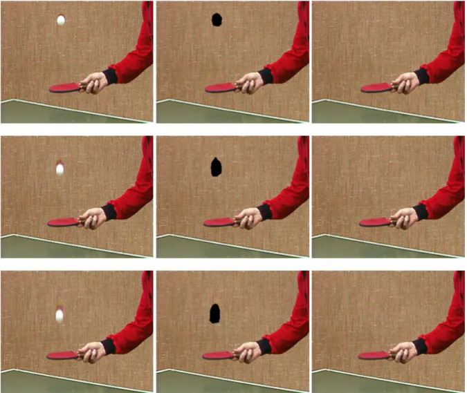 Figure 2.17: Suppression d’objets dans la s´ equence vid´ eo tennis (de table). De gauche ` a droite, une s´ equence d’origine, la s´ equence corrompue et le r´ esultat de restauration non local.