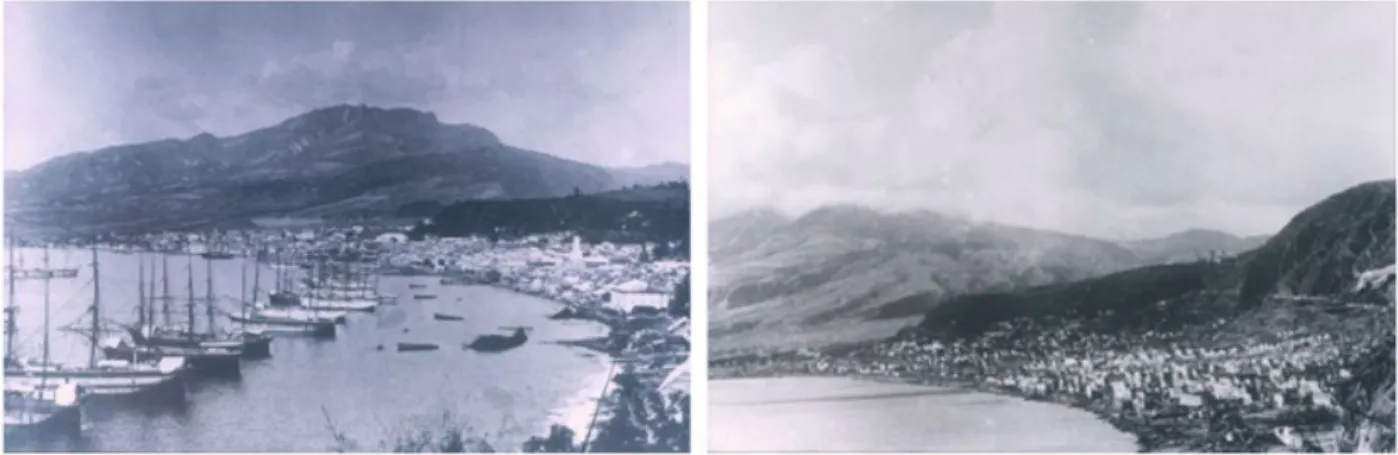 Figure I.2 – Photos de la ville de Saint-Pierre avant (à gauche) et après (à droite) l’éruption de la montagne Pelée du 8 mai 1902 en Martinique