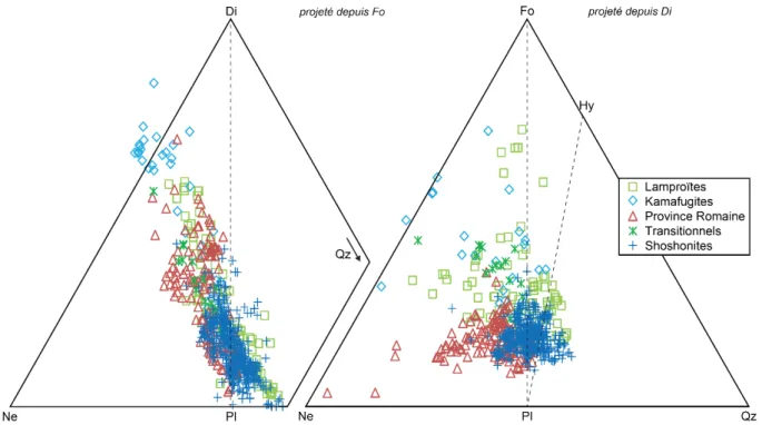 Figure I.6. Projections depuis la forstérite sur le plan Di-Ne-Qz (gauche) et depuis le diopside sur le plan Fo-Ne- Fo-Ne-Qz  (droite)  du  tétraèdre  des  basaltes  (Yoder  et  Tilley  1962)  permettant  de  comparer  les  compositions  des  5  groupes pr