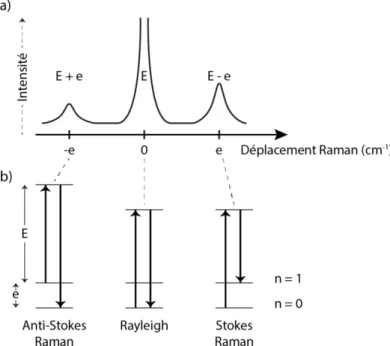 Figure II.21. Principe de la diffusion Raman. a) Spectre Raman  complet  comprenant  la  raie  de  Rayleigh  (diffusion  élastique)  d’énergie E égale au laser incident et les raies Stokes et anti-Stokes  (diffusion inélastique) d’énergies E-e et E+e corre