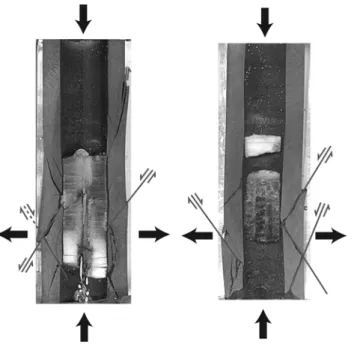 Figure 2.4. Sections d'assemblages  expérimentaux piston-cylindre 12,7 mm  montrant la fracturation liée à une  compression verticale différentielle