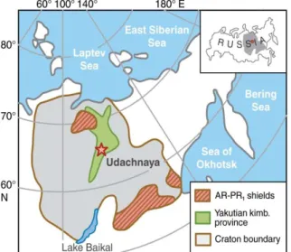 Figure 1. Location map of the Udachnaya kimberlite (star) in the Siberian craton, modified after Rosen et al