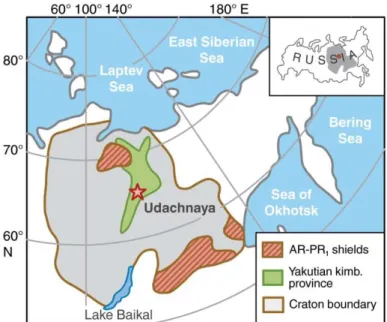 Figure 3.1 Location map of the Udachnaya kimberlite (star)  in  the  Siberian  craton,  modified  after  Rosen  et al