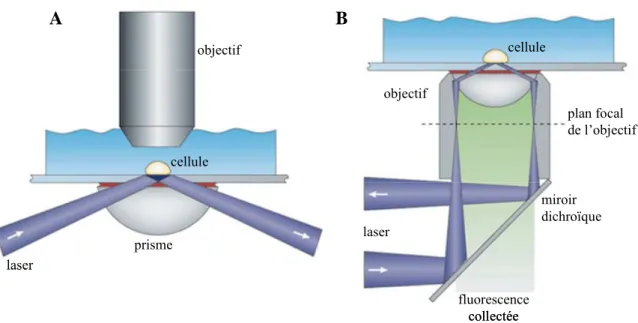 Figure 14 : Les deux catégories de montage utilisées en microscopie à onde évanescente