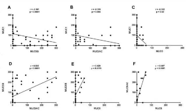 Figure 3. Correlation between mucin staining scores. A, B and C: Correlation of MUC1 with  MUC5B, MUC5C and MUC6 staining score, respectively