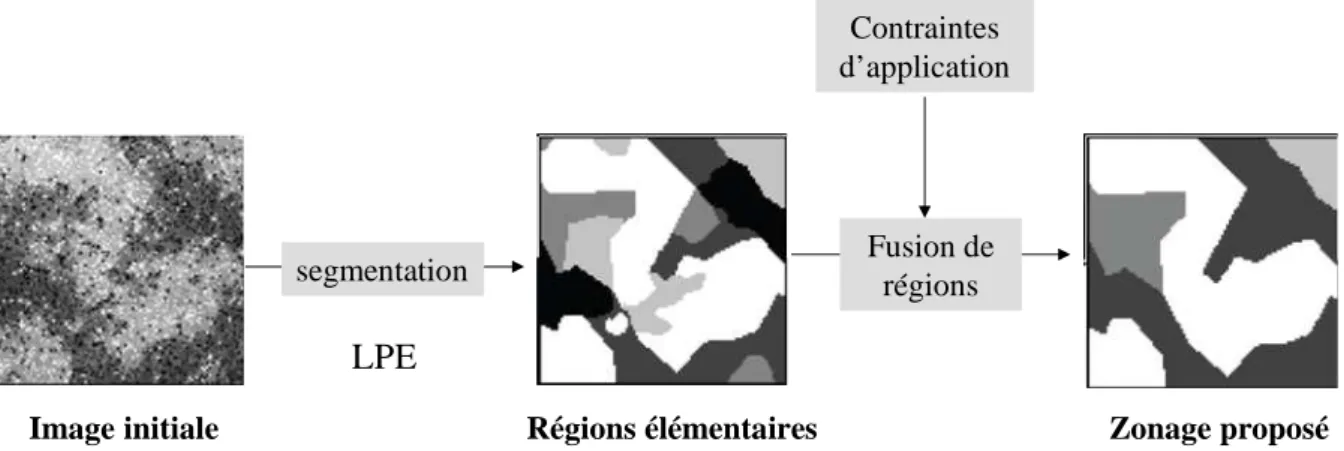 Figure  9 :  Illustration  de  la  démarche  de  zonage  mise  en  œuvre  sur  une  parcelle  simulée,  présentation des étapes de segmentation et de régularisation