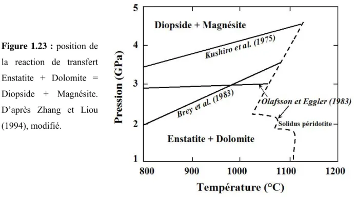 Figure 1.23 : position de  la reaction de transfert  Enstatite + Dolomite =  Diopside + Magnésite