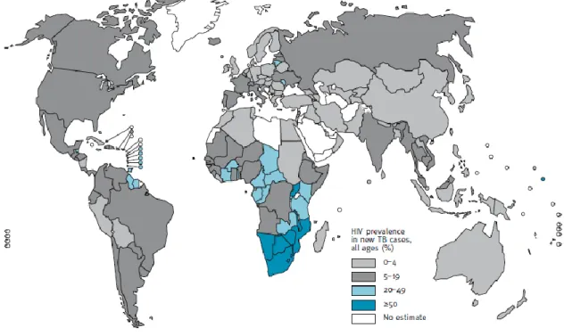 Figure 2.  Prévalence du VIH dans les cas de tuberculose en 2009.  