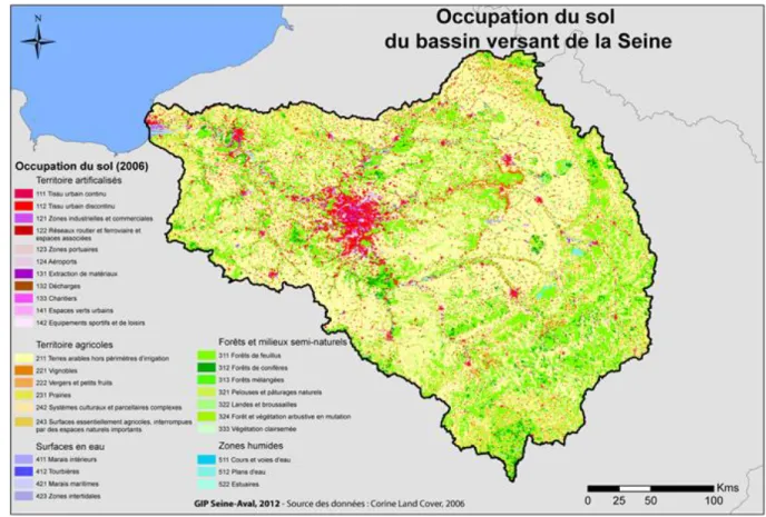 Figure  1  –  Schéma  d’occupation  du  sol  du  bassin  versant  de  la  Seine.  (Source  :  seine- seine-aval.crihan.fr) 