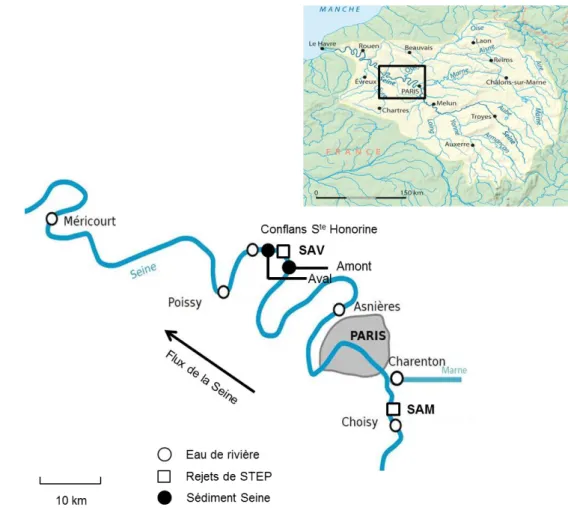 Figure  11  -  Carte  des  points  de  prélèvement  d’eau  et  de  sédiment  dans  l’agglomération  parisienne 