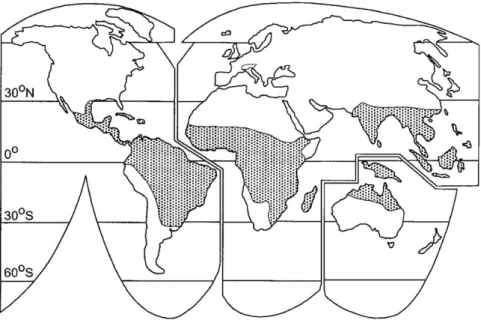 Figure 1.4 – Distribution globale des environnements d’alt´eration profonde capables de d´evelopper la lat´erite, d’apr`es Taylor et Howard (2000), adapt´e de Tardy (1992).