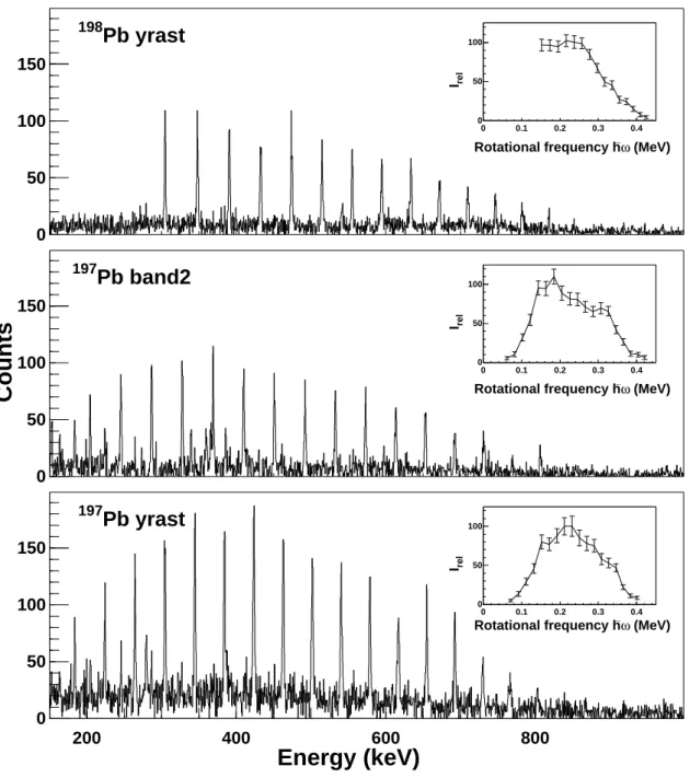 Fig. 2.6 – Spectres des bandes superdéformées des noyaux 197,198 P b dont les transitions étaient connues avant notre expérience