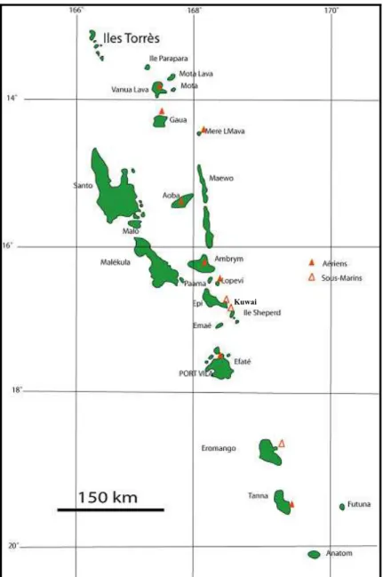 Figure  2-2. Les volcans aériens et sous marins considérés comme actifs au Vanuatu. 