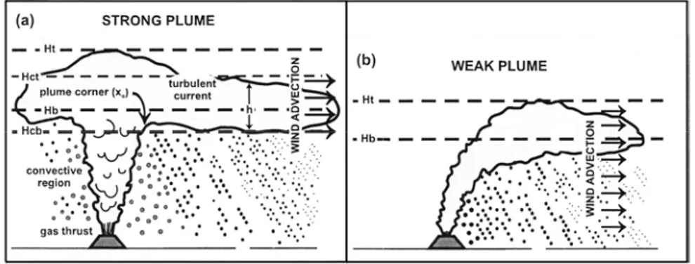 Figure 1.5 : Représentation schématique des profils de dispersion de panaches forts (a) et faibles (b)