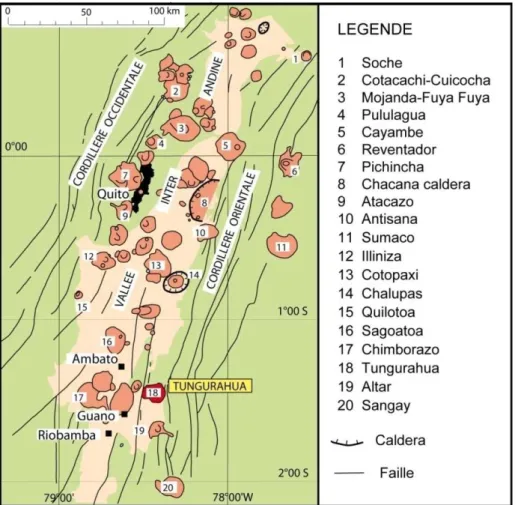 Figure  1.16 :  Centres  volcaniques  de  l’arc  Equatorien.  Zone  beige :  Vallée  Inter-Andine