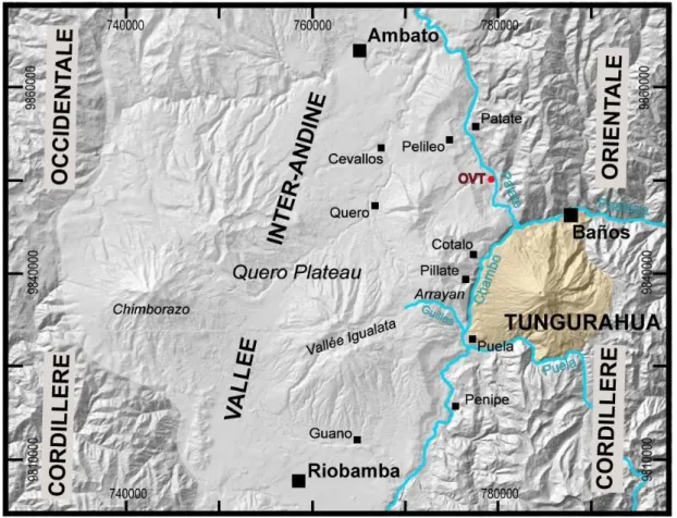 Figure 1.17 : Carte de la région du Tungurahua. OVT : Observatoire Volcanologique du Tungurahua (dépend de  l’IG-EPN)