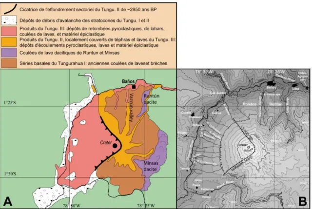 Figure 1.18 : A) Carte géologique simplifiée du Tungurahua présentant les trois édifices principaux constituant  le  volcan  (modifiée  d’après  Le  Pennec  et  al