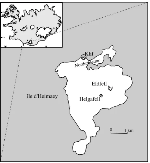 Figure III.A.1.6.a : Carte de l’île d’Heimaey simplifiée d’après Jakobsson (1972) et Mattson  et Hoskuldsson (2003)