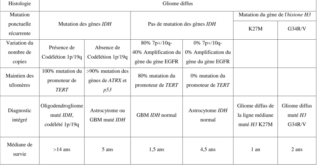 Tableau 2: La médiane de survie des patients atteints de gliome post-diagnostic selon leur classification