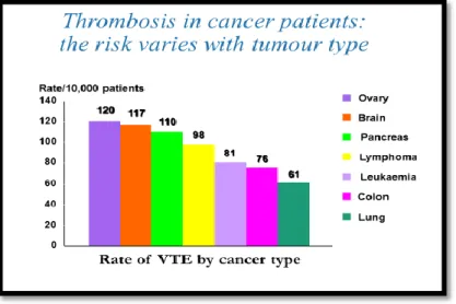 Figure 1-7 : Risque de thromboses chez les patients cancéreux en fonction du type de tumeur (d’après  Levitan et al