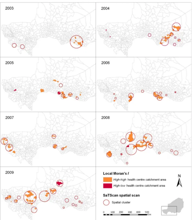 Figure  7.  Annual spatial clusters of meningococcal meningitis cases identified in Niger from  2003 to 2009