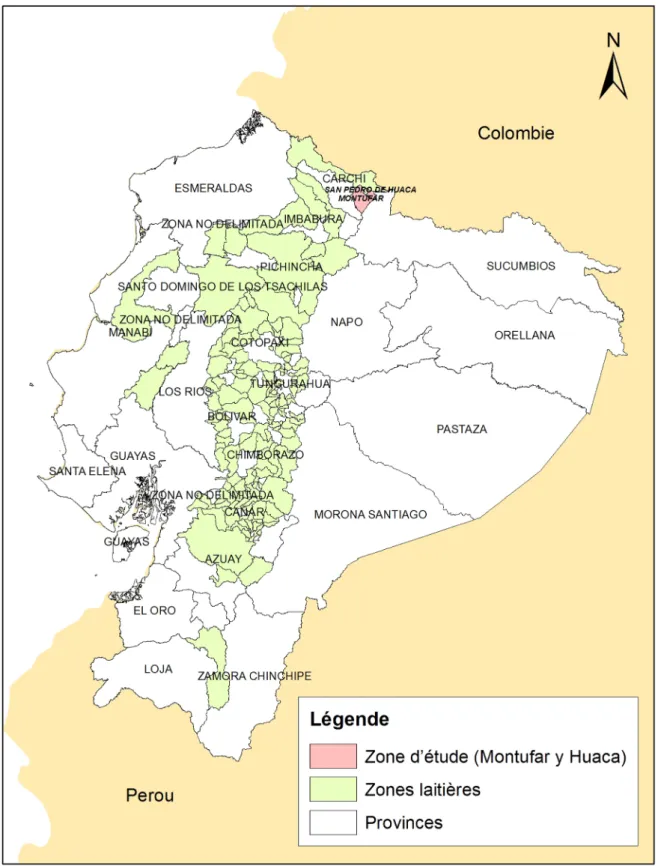 Fig. 1. Les cantons de Mont ufar et Huaca, Province de Carchi, dans la géographie laitière équatorienne