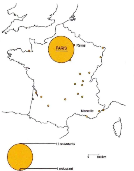 Figure 1. Localisation des 36 restaurants étudiés en 2008 (Marcilhac, 2008). 